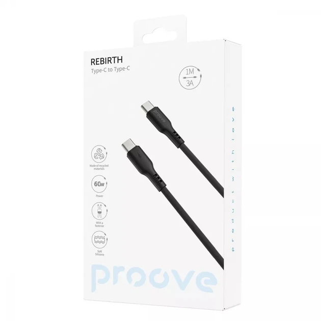 Кабель зарядний Proove Rebirth Type-C - Type-C 60W 1м Black - Фото 3 Кабель зарядний Proove Rebirth Type-C - Type-C 60W 1м Black - зображення 3