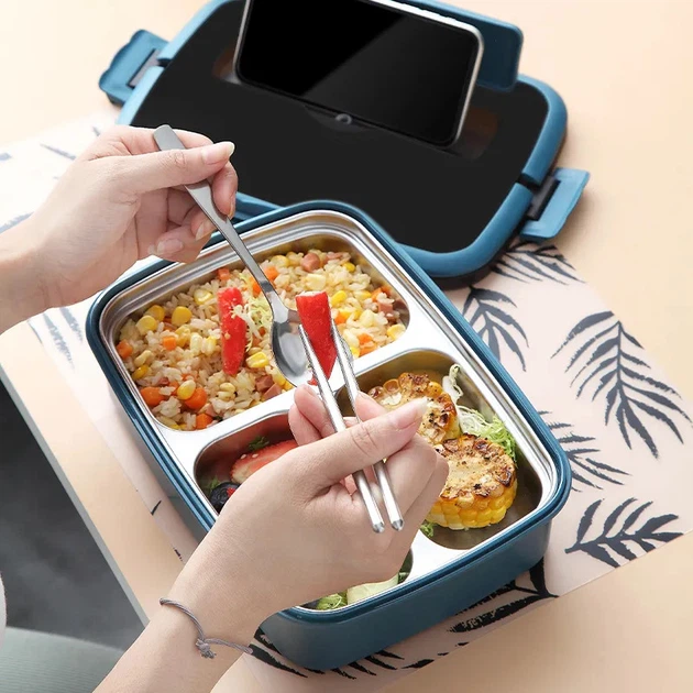 Термо ланч бокс на 3 секции с приборами Food 1л, синий - изображение 4