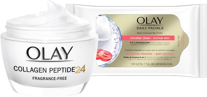 Набір для догляду за обличчям Olay Regenerist Collagen Peptide24 Денний крем для обличчя 50 мл + Серветки для очищення обличчя 7 шт (8006540549995) - зображення 1