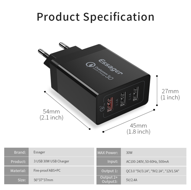 Зарядний пристрій Essager 30W, 3хUSB, Quick Charge 3.0 White - зображення 8
