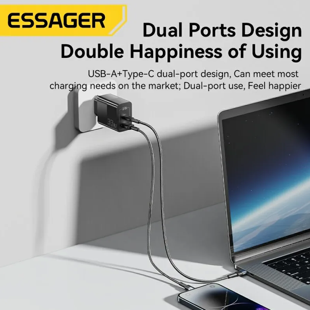 Сетевое зарядное устройство Essager 33W GaN PD USB-C+USB-A Black - Фото 5 Сетевое зарядное устройство Essager 33W GaN PD USB-C+USB-A Black - изображение 5
