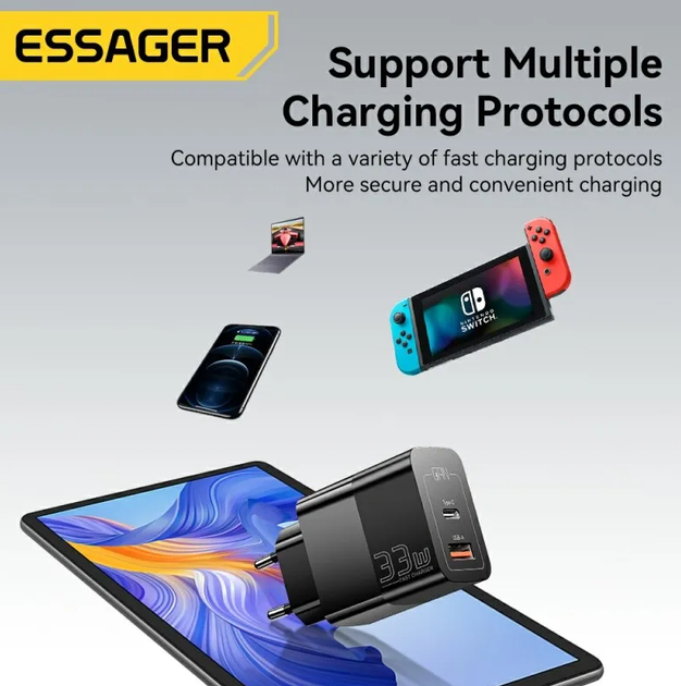 Сетевое зарядное устройство Essager 33W GaN PD USB-C+USB-A Black - Фото 7 Сетевое зарядное устройство Essager 33W GaN PD USB-C+USB-A Black - изображение 7