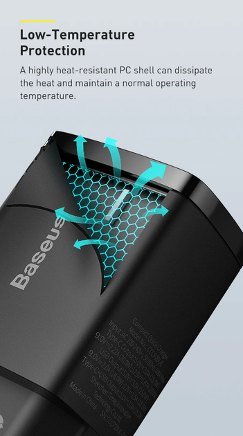 Сетевое зарядное устройство Baseus Compact Quick Charger 20W (USB-A + USB-C) QC PD Black - Фото 5 Сетевое зарядное устройство Baseus Compact Quick Charger 20W (USB-A + USB-C) QC PD Black - изображение 5