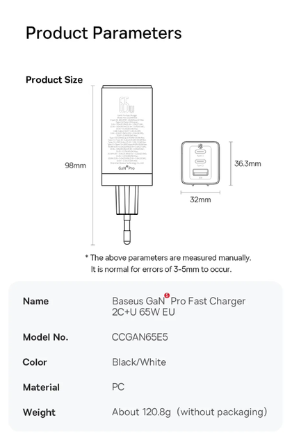 Сетевое зарядное устройство BASEUS GaN5 Pro 65W (2 USB Type-C + USB Type-A) 65Вт PD3.0 QC4.0 + Кабель Type-C - Фото 8 Сетевое зарядное устройство BASEUS GaN5 Pro 65W (2 USB Type-C + USB Type-A) 65Вт PD3.0 QC4.0 + Кабель Type-C - изображение 8