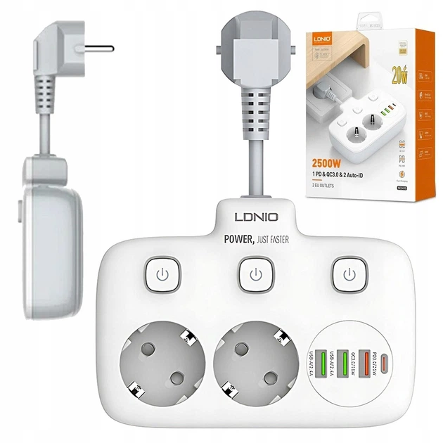 Мережевий фільтр LDNIO 2 розетки 3хUSB/Type-C QC+PD SE2435 White (SE2435) - Фото 2 Мережевий фільтр LDNIO 2 розетки 3хUSB/Type-C QC+PD SE2435 White (SE2435) - зображення 2