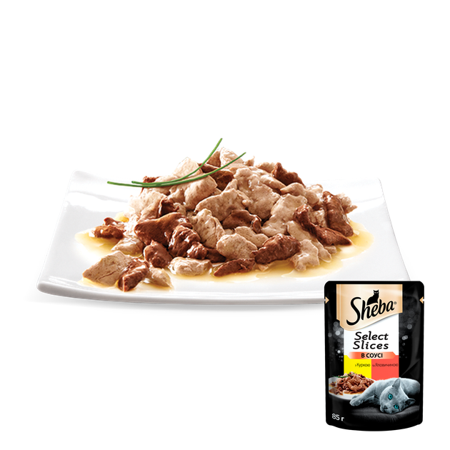 Упаковка влажного корма для кошек Sheba Select Slices с говядиной и курицей для кошек кусочки в соусе 24 шт. * 85 г - изображение 3