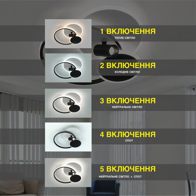 Люстра світлодіодна ESLLSE з пультом ECLIPSE R 75W 480×425×130мм Чорно-біла - зображення 3