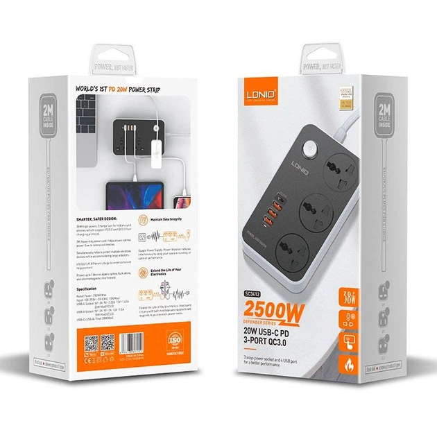 Сетевой фильтр LDNIO 3 розетки 3USB/Type-C PD+QC 2500W 2метра (SC3412) - изображение 9
