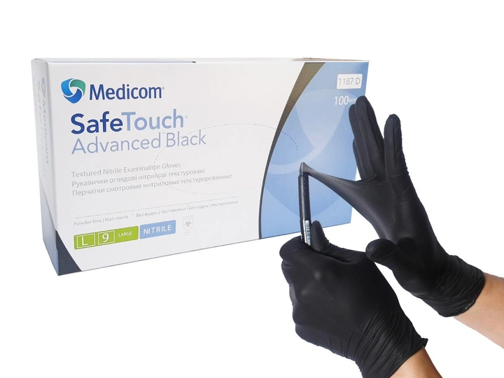 Нитриловые перчатки Medicom, плотность 5 г. - SafeTouch Premium Black - Чёрные (100 шт) L (8-9) - изображение 1