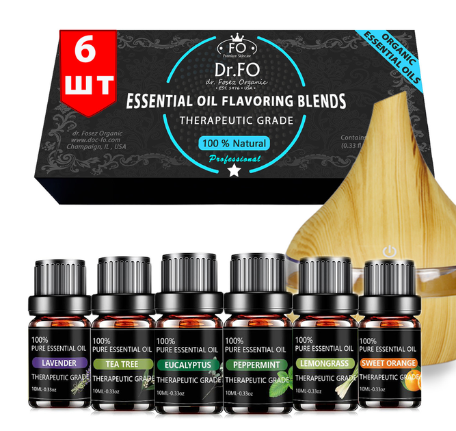 Набор Аромадиффузор и эфирные масела 6 шт. по 10 мл, Natural Fosez Organic USA Лемонграсс, Эвкалипт, Чайное дерево - изображение 1