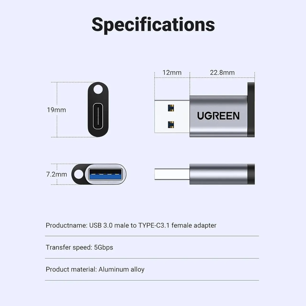 Адаптер UGREEN US276 USB3.0 to Type-C Space Gray (50533) - Фото 8 Адаптер UGREEN US276 USB3.0 to Type-C Space Gray (50533) - изображение 8