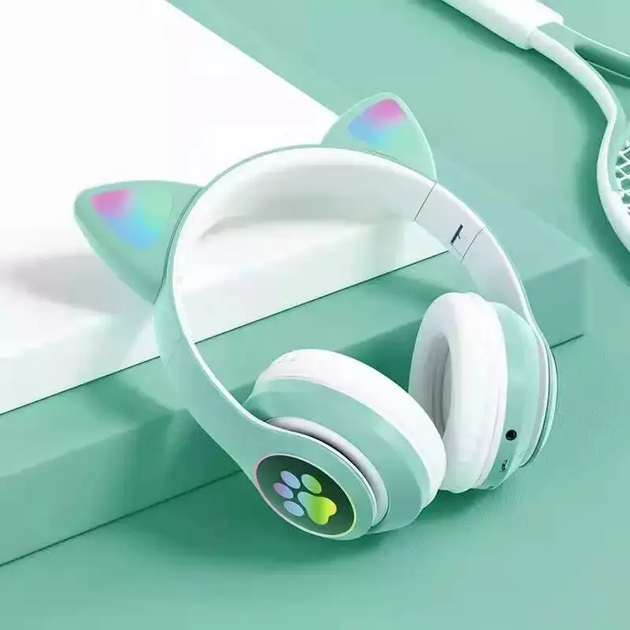 Беспроводные детские наушники CAT STN-28 с кошачьими ушками с подсветкой MP3 MicroSD FM-радио зеленый - изображение 2