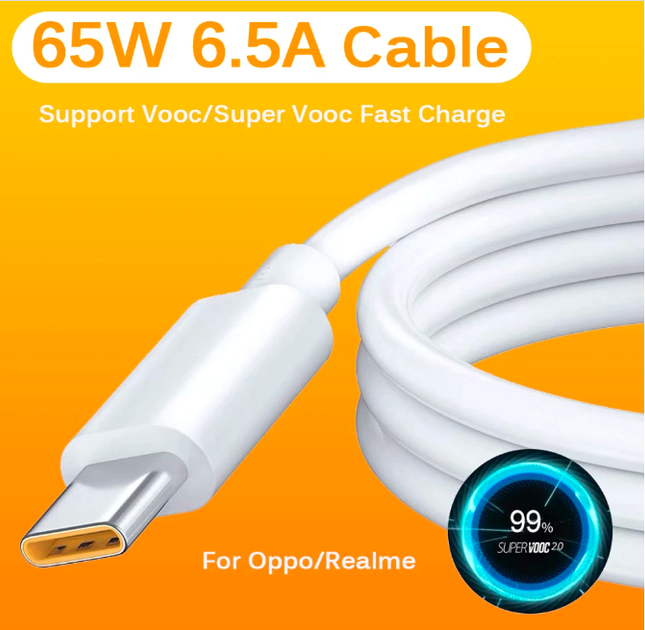 Кабель OPPO SuperVOOC USB Type-C 65W 1,5м Білий - Фото 2 Кабель OPPO SuperVOOC USB Type-C 65W 1,5м Білий - зображення 2