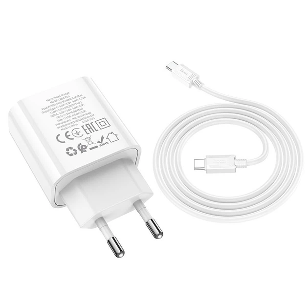 Швидка зарядка для телефону USB Type-C / Мережевий зарядний пристрій Hoco C80A Plus Rapido PD20W+QC3.0 (1USB-A/1C) + кабель Type-C to Type-C (білий) - Фото 5 Швидка зарядка для телефону USB Type-C / Мережевий зарядний пристрій Hoco C80A Plus Rapido PD20W+QC3.0 (1USB-A/1C) + кабель Type-C to Type-C (білий) - зображення 5