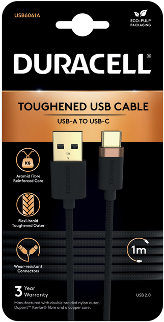 Kabel Duracell USB Type-A - USB Type-C 1 m Black (USB6061A) - obraz 1