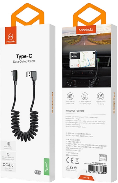 Kabel kątowy Mcdodo USB Type-A - USB Type-C 1.8 m Black (CA-7310) - obraz 1