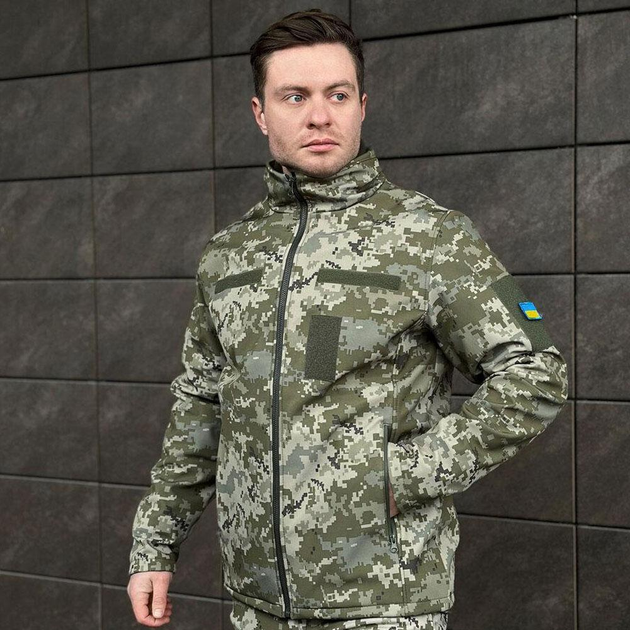 Мужская Водоотталкивающая Куртка Soft Shell на микрофлисе с липучками для шевронов пиксель размер M - изображение 2