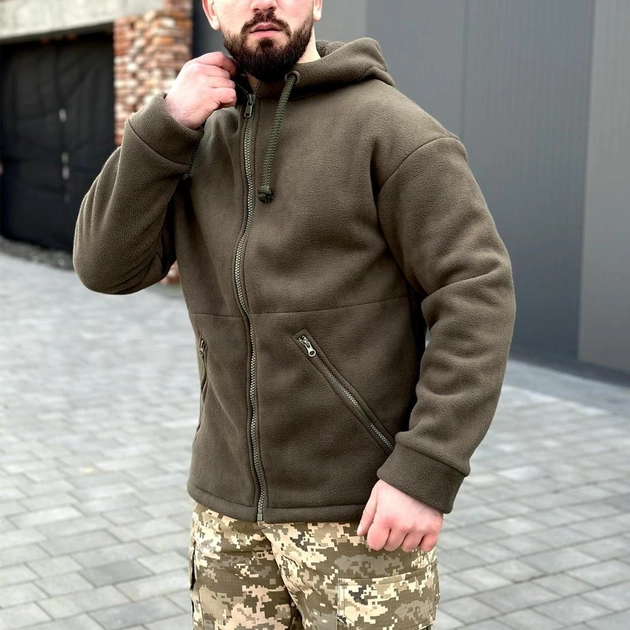 Мужская флисовая куртка с капюшоном хаки размер M - изображение 1