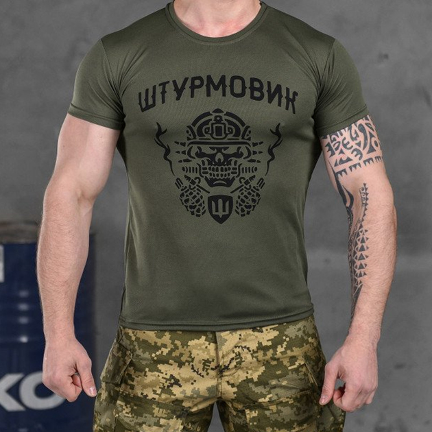 Мужская потоотводящая футболка с принтом "Штурмовик" Coolmax олива размер L - изображение 1