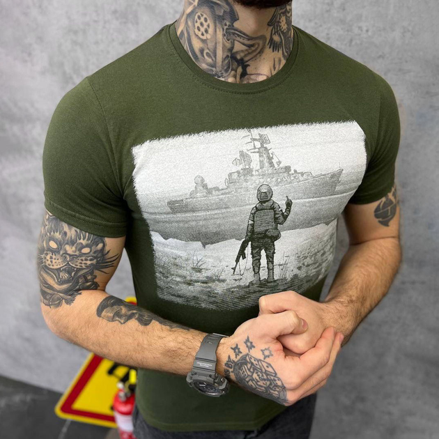 Универсальная мужская футболка с патриотическим принтом кулир олива размер S - изображение 1