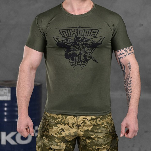 Мужская потоотводящая футболка Coolmax с принтом "Пехота" олива размер L - изображение 1