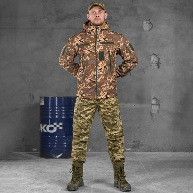 Чоловічий костюм 4в1 куртка Softshell + убакс + штани + кепка ріп-стоп піксель розмір 3XL - зображення 2