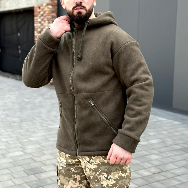 Мужская флисовая куртка с капюшоном хаки размер 3XL - изображение 1