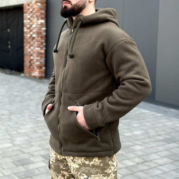 Мужская флисовая куртка с капюшоном хаки размер 3XL - изображение 2