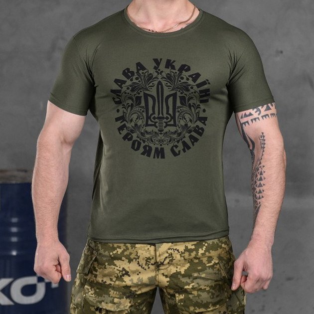 Мужская потоотводящая футболка Coolmax с принтом "Слава Украине" олива размер L - изображение 1