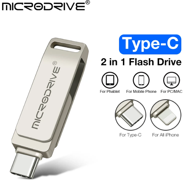 Флешка металлическая 2в1 256ГБ Type-C-Lightning для Apple iPhone, iPad, компьютера MICRODRIVE A3 256GB Серебро - Фото 2 Флешка металлическая 2в1 256ГБ Type-C-Lightning для Apple iPhone, iPad, компьютера MICRODRIVE A3 256GB Серебро - изображение 2