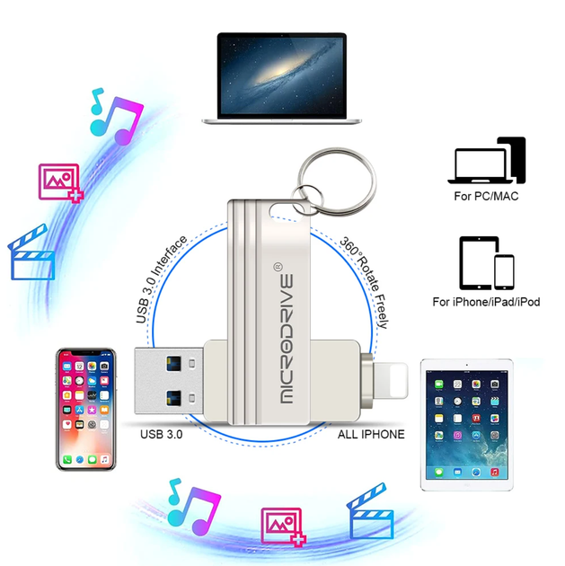 Флешка металлическая 2в1 128ГБ USB-Lightning для Apple iPhone, iPad, компьютера MICRODRIVE A1 128GB Серебро - изображение 9