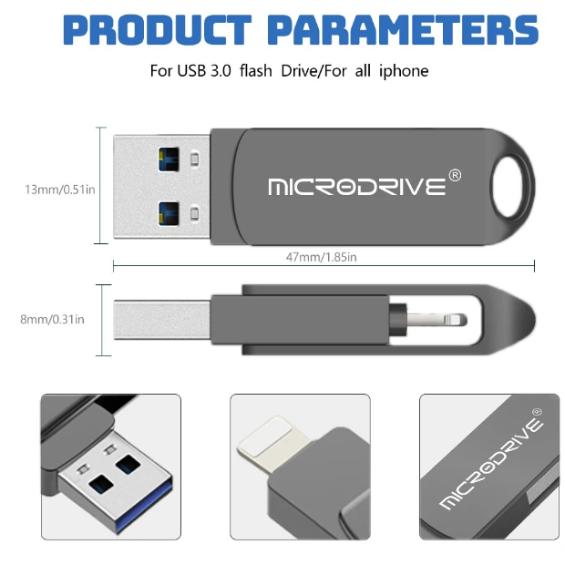 Флешка металлическая 2в1 256ГБ USB-Lightning для Apple iPhone, iPad, компьютера Microdrive A2 256GB Черный - изображение 7