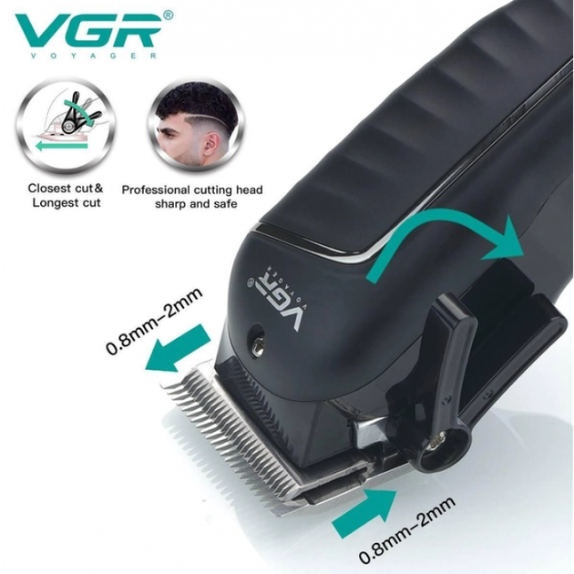 Аккумуляторная машинка для стрижки VGR V-683 Аккумуляторная с LED дисплеем 4 насадки 7W Черная - Фото 4 Аккумуляторная машинка для стрижки VGR V-683 Аккумуляторная с LED дисплеем 4 насадки 7W Черная - изображение 4