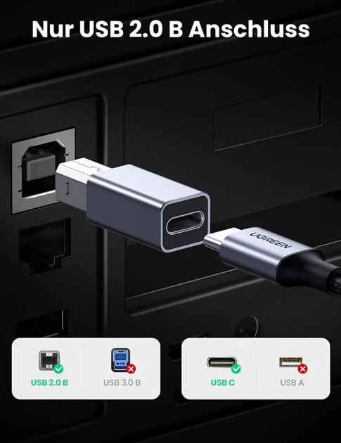 Переходник Ugreen USB C на USB B Printer для принтера, жесткого диска, док станции, факса Grey (US382) 20120 - Фото 5 Переходник Ugreen USB C на USB B Printer для принтера, жесткого диска, док станции, факса Grey (US382) 20120 - изображение 5