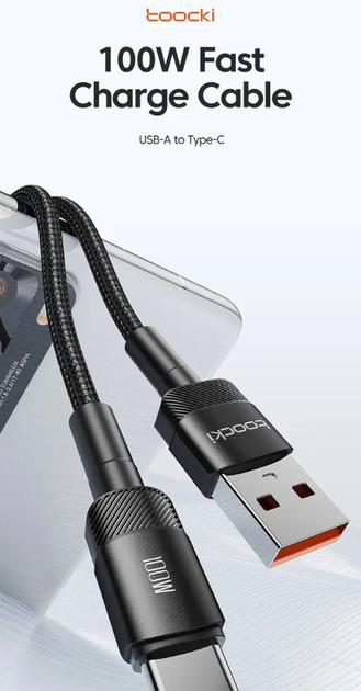 Кабель Toocki 100W 20V/5A USB-A to Type-C для швидкої зарядки 3м (TXCT-HY01/360) Black - изображение 2