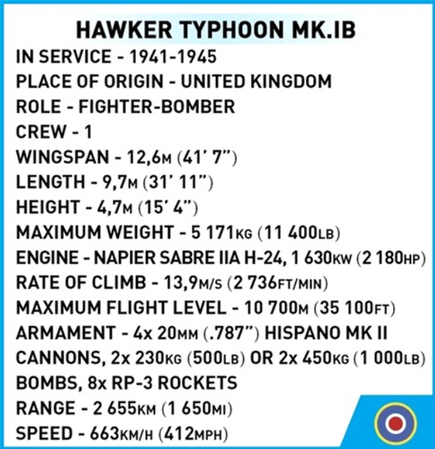 Klocki konstrukcyjne Cobi Historical Collection WWII Samolot Hawker Typhoon Mk.1B 190 elementów (5902251058647) - obraz 3
