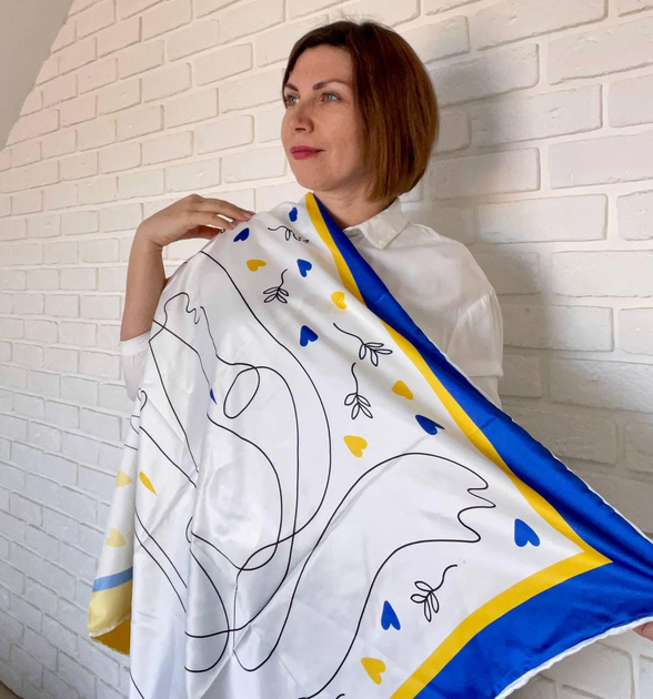 Шовкова хустка патріотична 95*95 см біла з синьо-жовтим ручна обробка ...
