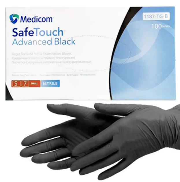 Перчатки нитриловые Medicom SafeTouch Advanced Slim черные S 100 шт - изображение 1