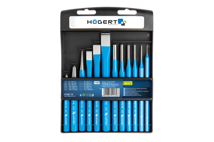Комплект ударно-резного инструмента Hogert CrV 12 предметов для работы с зубилами (HT3B712) - Фото 2 Комплект ударно-резного инструмента Hogert CrV 12 предметов для работы с зубилами (HT3B712) - изображение 2