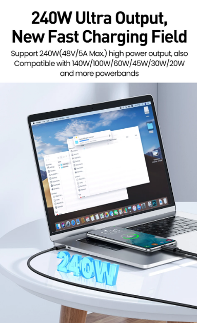 Кабель провід Toocki Type-C (USB-C) Type-C PD 240W 2м Чорний - зображення 6