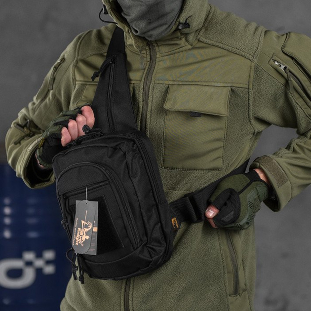 Нагрудна Сумка із липучкою під Шеврон / Міцний однолямний Рюкзак Cordura 1000D чорний розмір 24х18х10 см - зображення 1