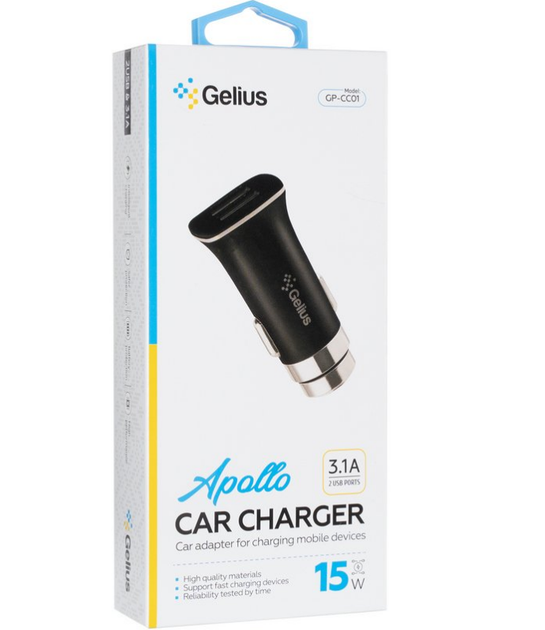 Автомобильное зарядное устройство Gelius Apollo GP-CC01 2USB 3.1A 15W Black - Фото 2 Автомобильное зарядное устройство Gelius Apollo GP-CC01 2USB 3.1A 15W Black - изображение 2
