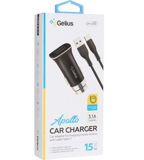 Автомобильное зарядное устройство Gelius Apollo GP-CC01 2USB 3.1A 15W + кабель Type-C Black - изображение 3