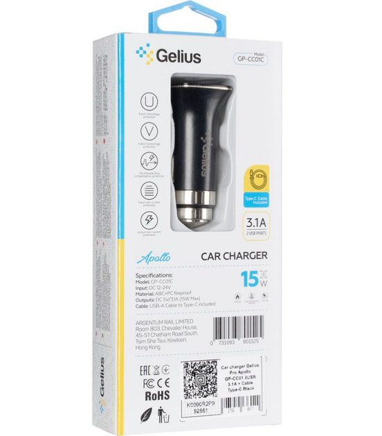 Автомобильное зарядное устройство Gelius Apollo GP-CC01 2USB 3.1A 15W + кабель Type-C Black - изображение 4
