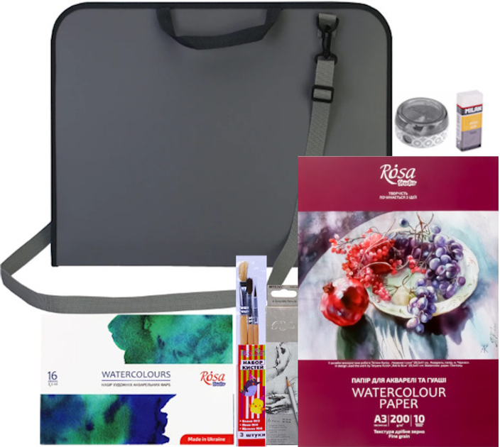 Набор для рисования акварелью ROSA 16 цветов, A3 в портфеле--100NPV301 ...