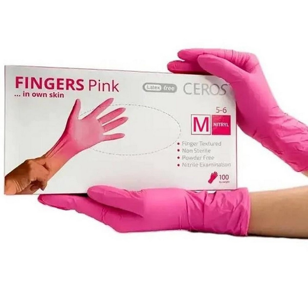 Перчатки нитриловые CEROS Fingers Pink, 100 шт (50 пар), M - изображение 2
