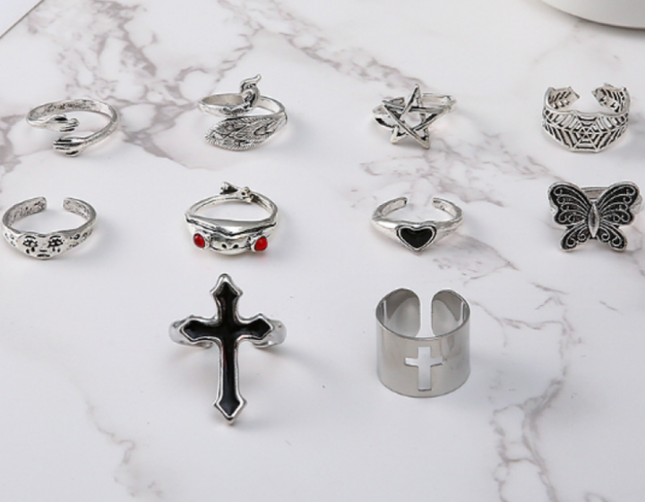 Набор готических колец с Паук с крестами в стиле панк готы серебристый Fashion Jewelry 10шт(AN))32153 - изображение 2