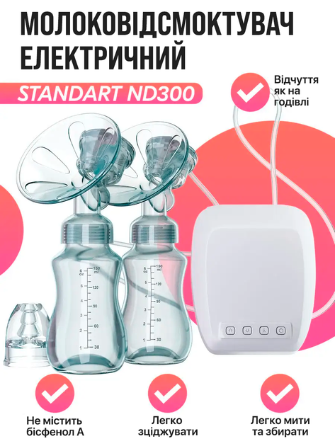 Молоковідсмоктувач електричний подвійний для грудей з масажним ефектом портативний - зображення 2