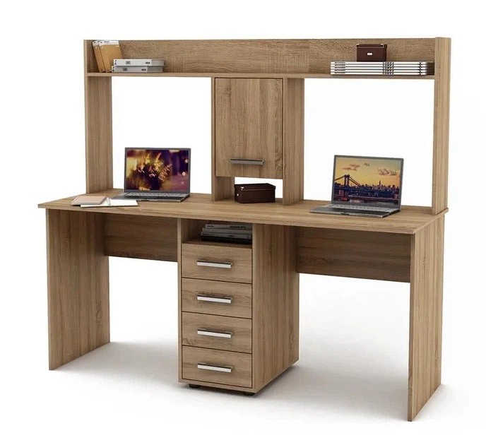 Компьютерный стол для двух детей с надстройкой 163×60×145 см дуб сонома - Фото 1 Компьютерный стол для двух детей с надстройкой 163×60×145 см дуб сонома - изображение 1