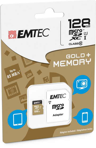 Карта пам'яті Emtec microSD UHS-I U1 Elite Gold 128GB + SD адаптер (ECMSDM128GXC10GP) - зображення 2